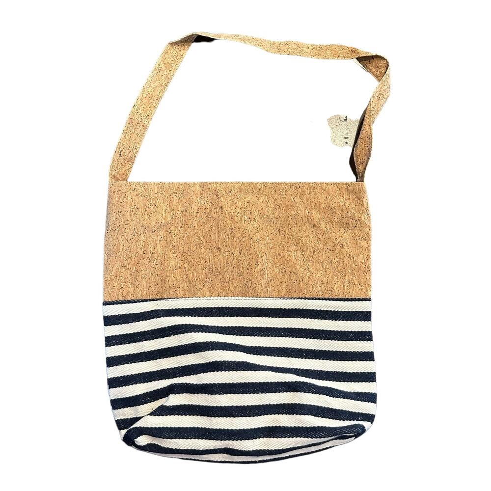 Calypso Studios Womens tote bag with zipper cork and nay stripe